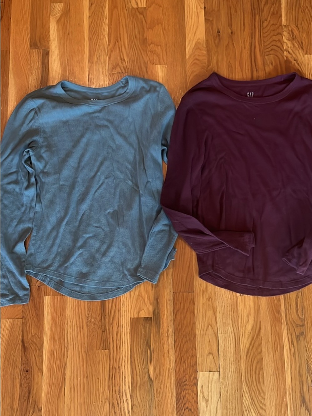 GAP Long-Sleeve Crew Neck Tops in Dusty Blue and Deep Plum